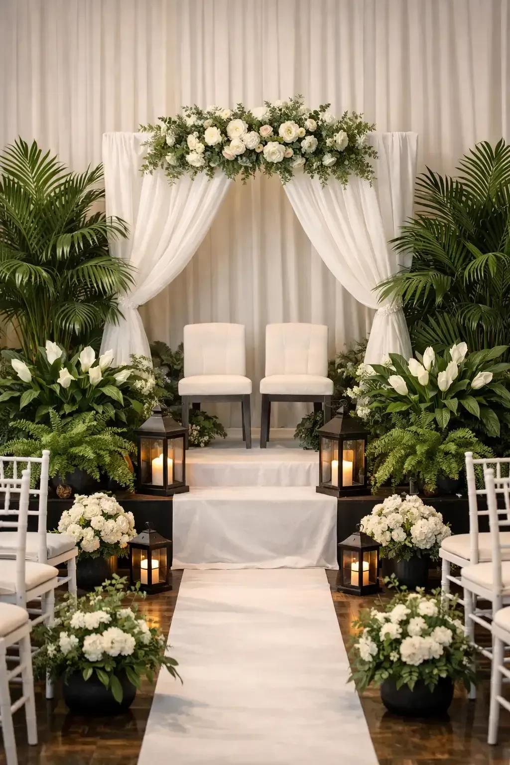 Elegant Lafayette, LA wedding ceremony setup featuring live plant rentals from Beau Monde Nursery