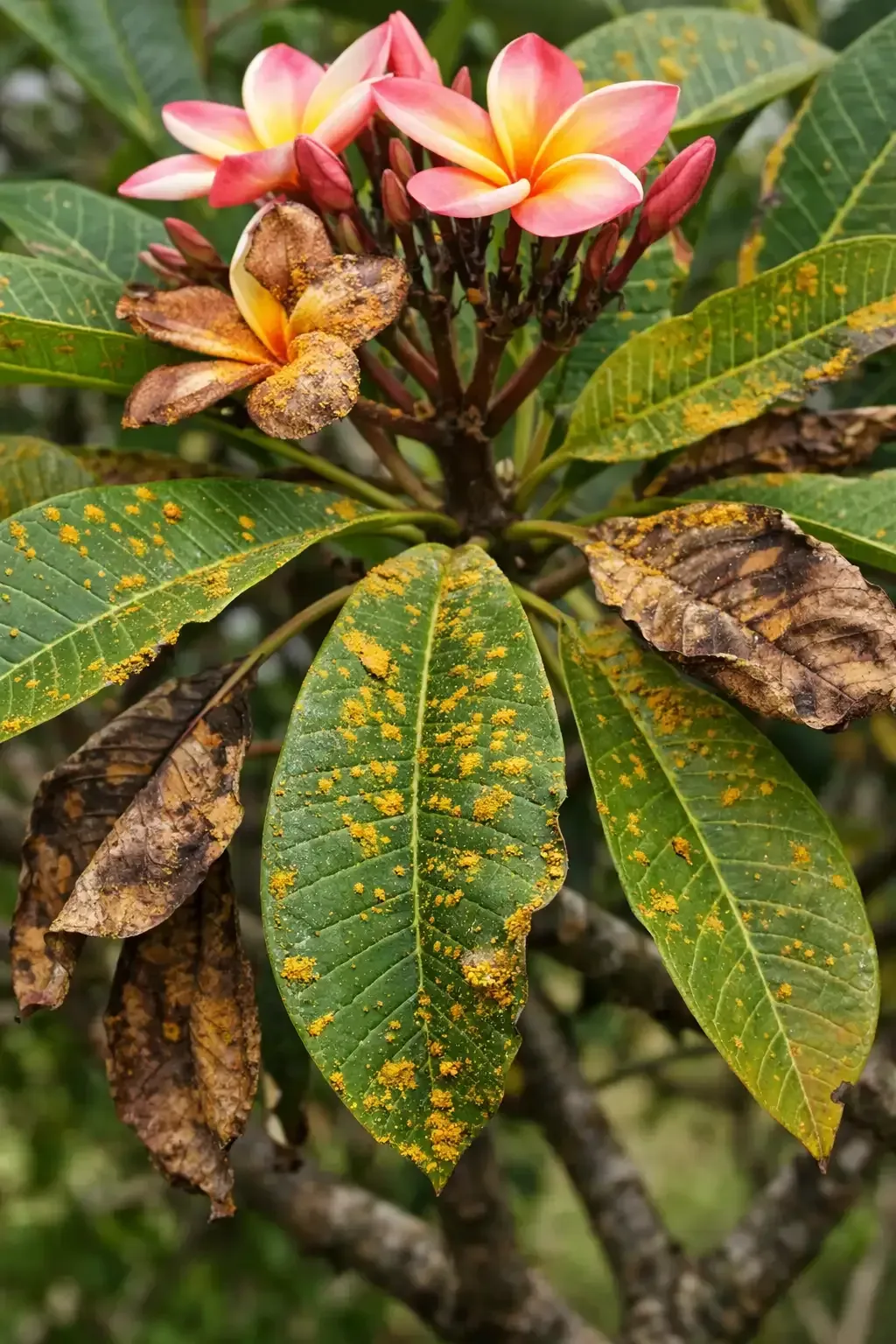 Pink plumeria flowers and yellow-speckled green leaves with rust spots on a tree branch