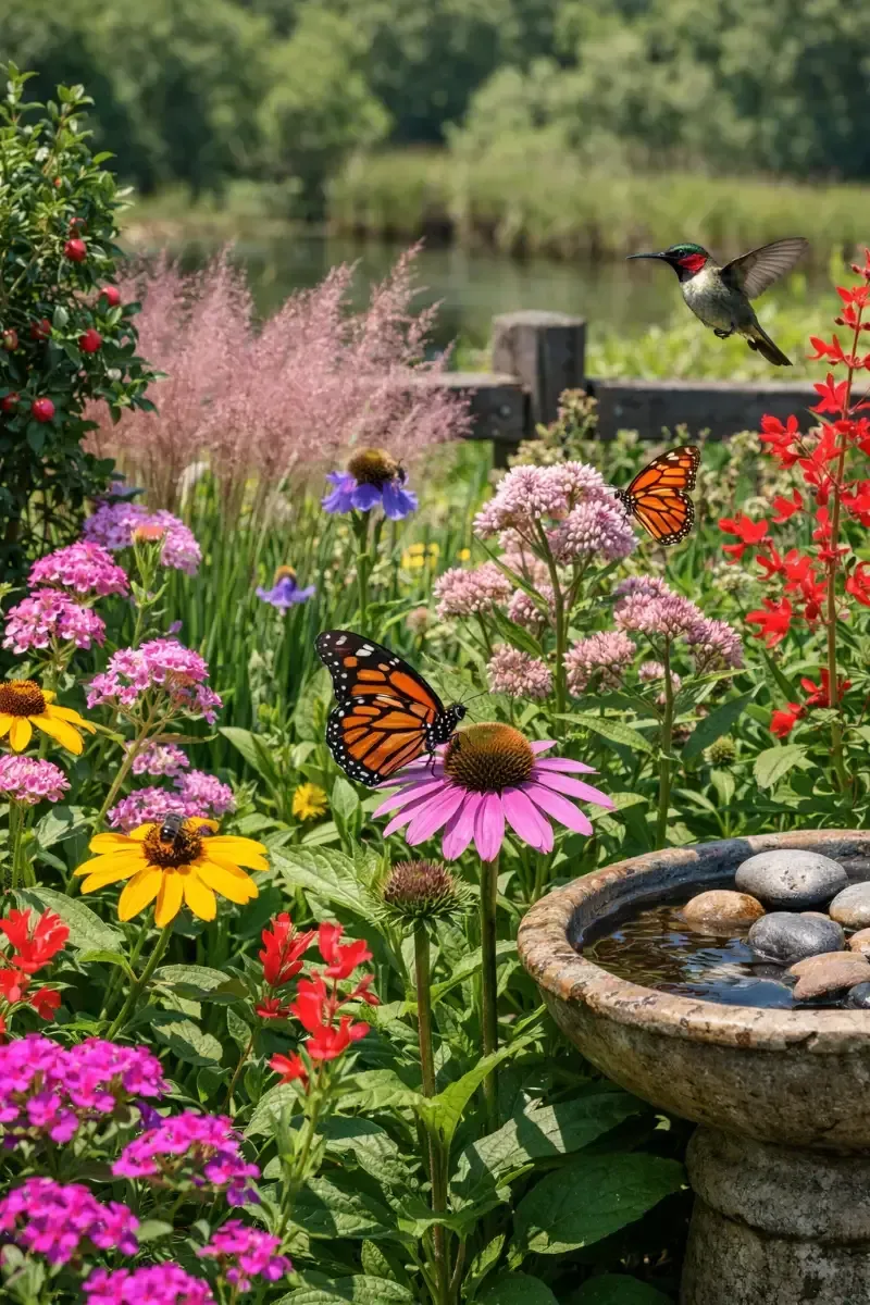 Butterfly on pink flower in a colorful garden beside a stone birdbath