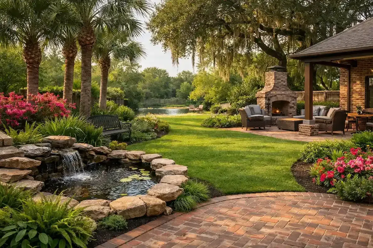 Landscaped garden with stone waterfall, palm trees, brick patio, and a shaded outdoor seating area