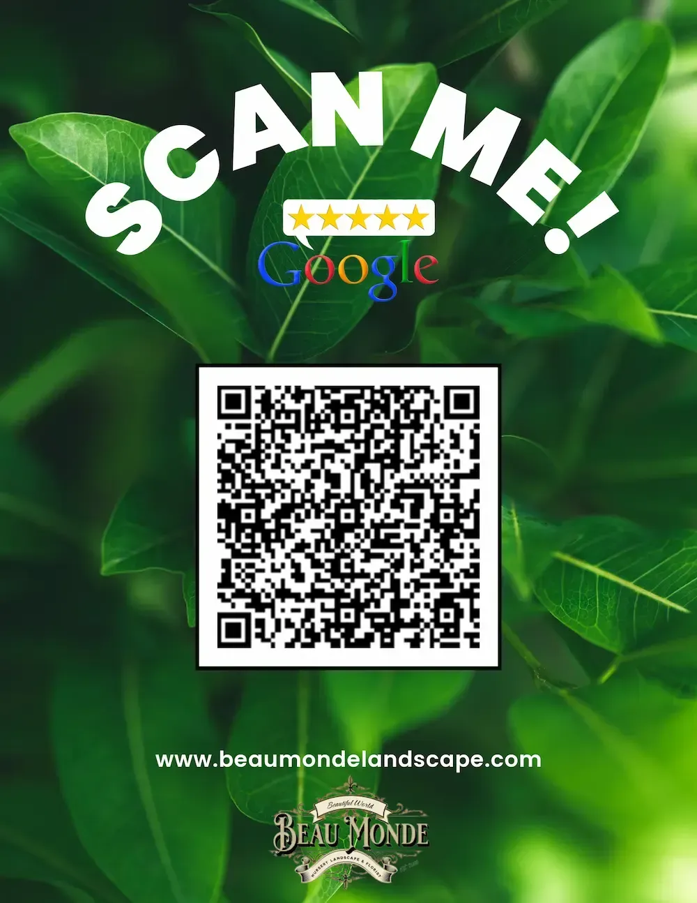 Google Review QR code for Beau Monde Nursery Landscape & Florist — scan to leave a 5‑star review and share your experience.