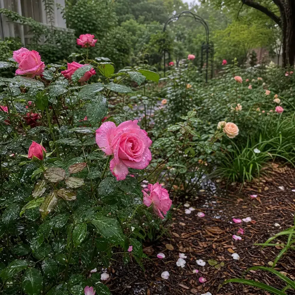 Rain‑soaked rose garden with wet blooms and foliage after heavy storms in Lafayette, Louisiana.