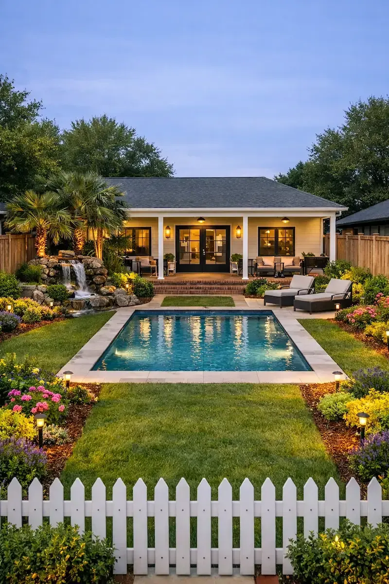 Backyard patio with a swimming pool, waterfall, landscape beds, artificial grass.
