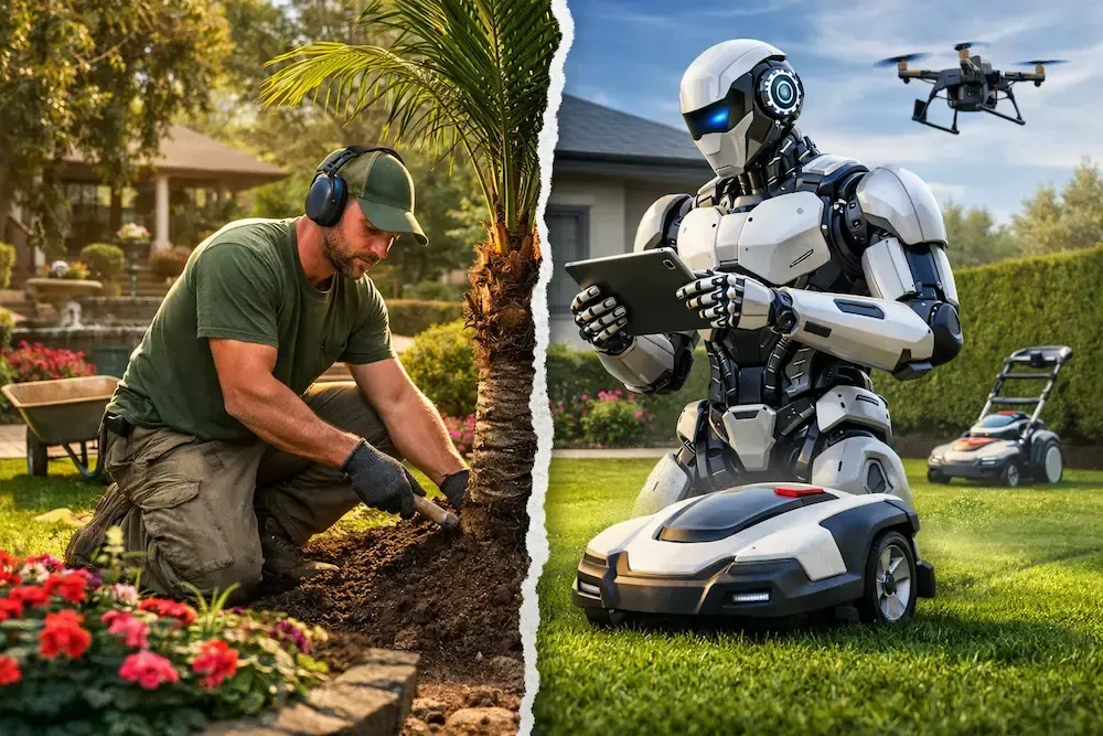 Man kneeling in a garden, with a robot lawn mower and drone beside a humanoid robot on a lawn