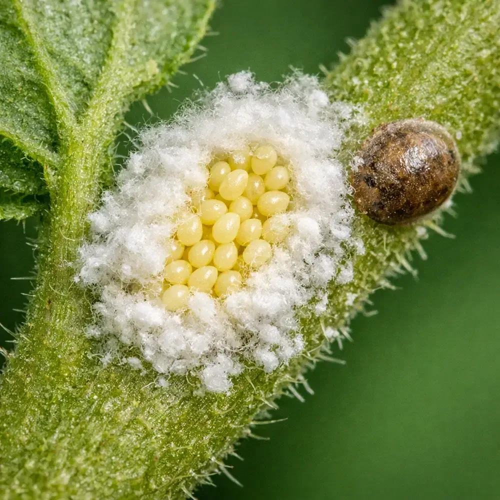 Close‑up of pale yellow scale insect eggs nestled in a white cottony mass on a green plant stem beside a brown adult scale.