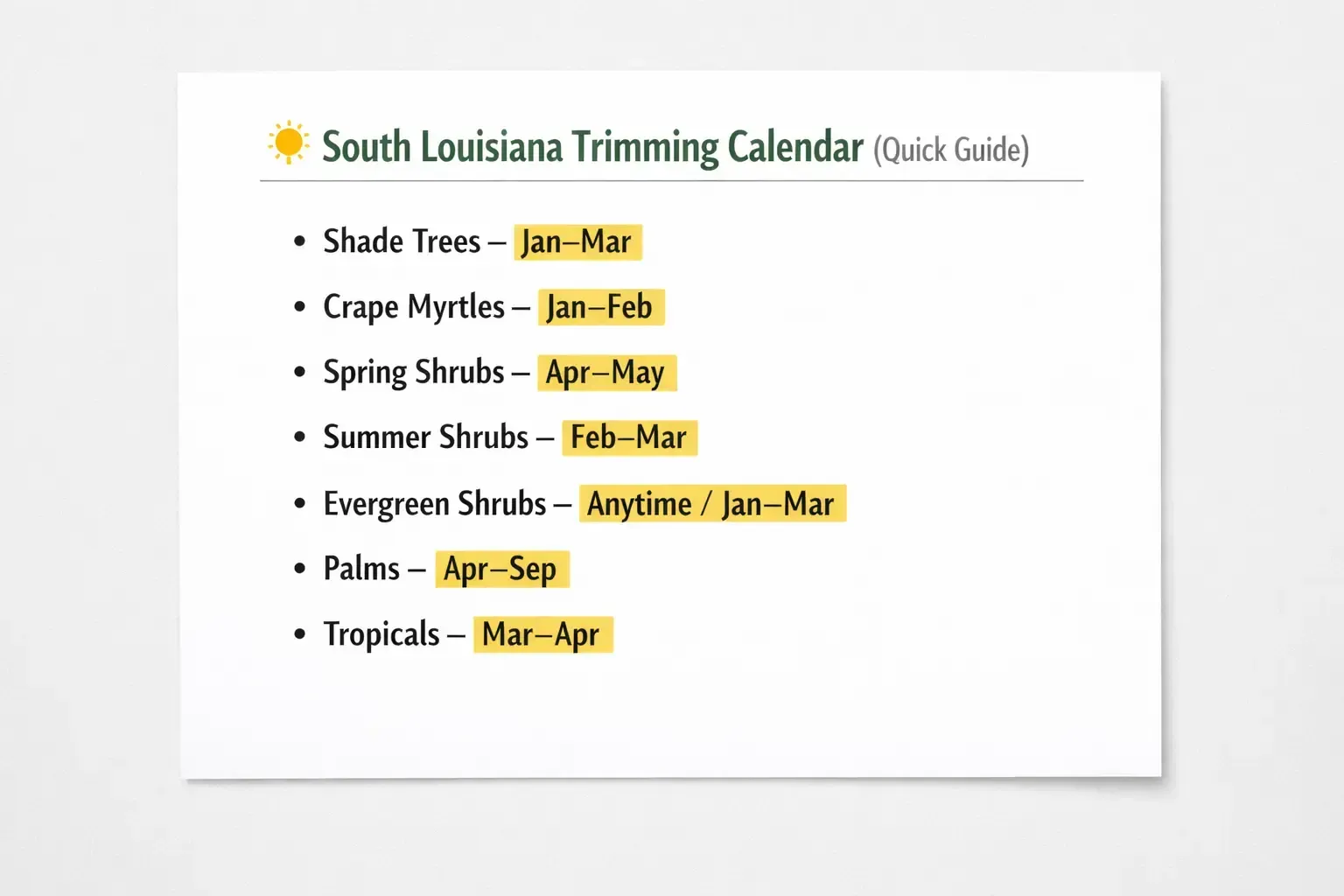 South Louisiana trimming calendar with seasonal pruning dates highlighted in yellow.