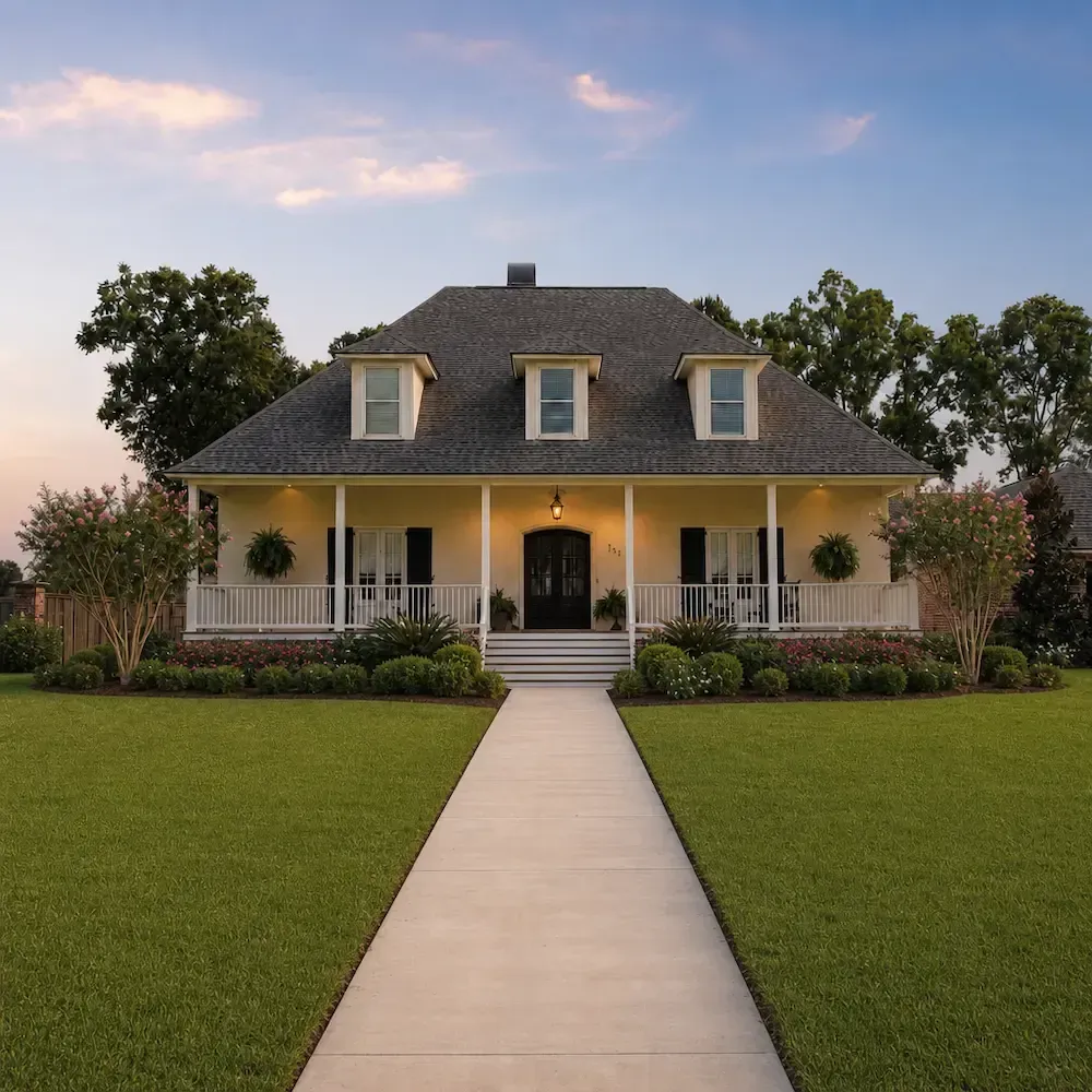 Large white Southern home with wraparound porch and long front walkway at dusk, viewed from the yard.