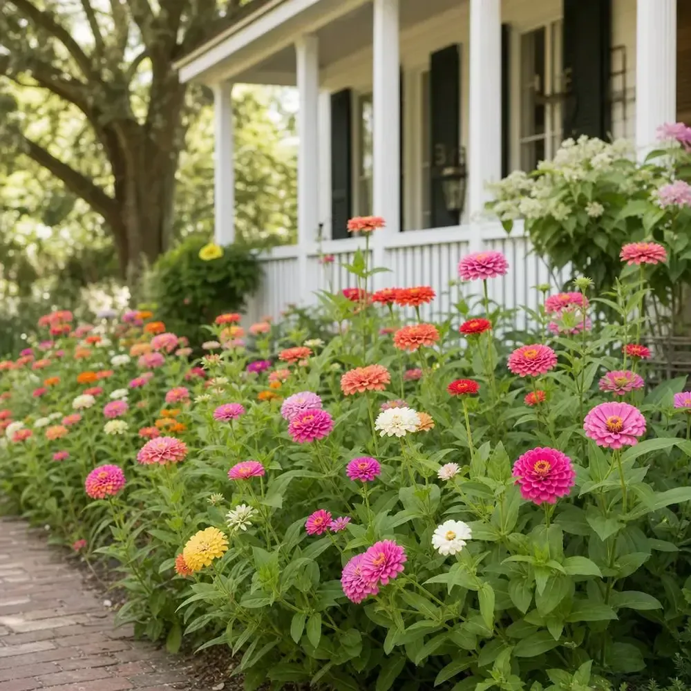 Southern Living‑style zinnia blooms in a Lafayette, Louisiana garden during peak summer heat.
