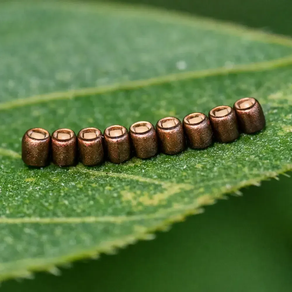 Close‑up of metallic bronze stink bug and leaf‑footed bug eggs arranged in a neat row on a green leaf.