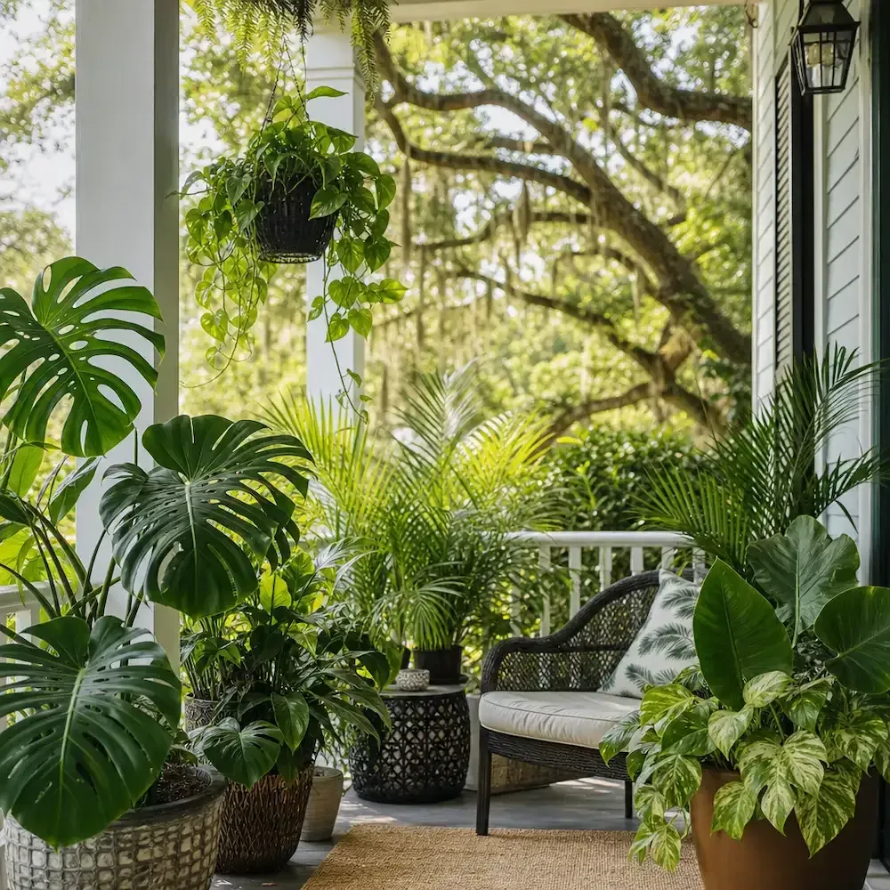 Houseplants thriving outdoors in Louisiana summer heat and humidity