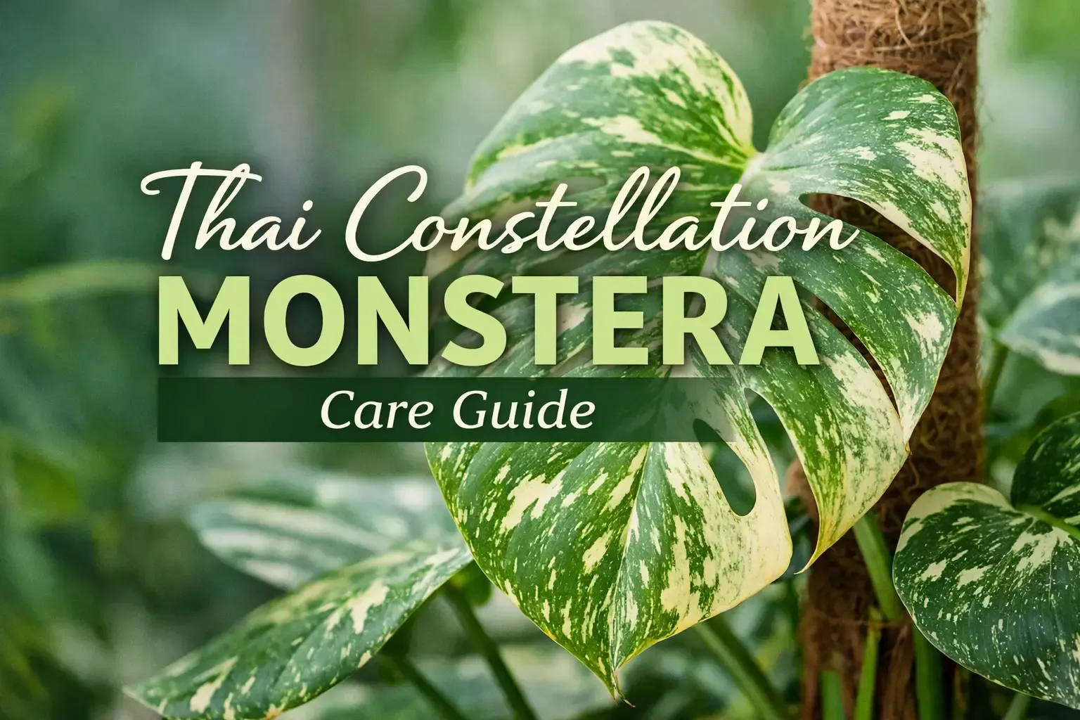 Thai Constellation Monstera care guide cover with variegated green-and-cream leaves and title text