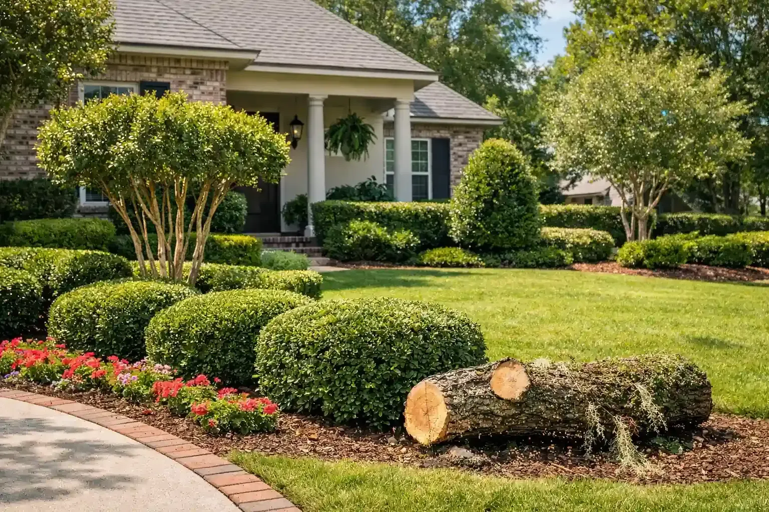 Manicured front yard with trimmed shrubs, green lawn, and a cut tree trunk beside a house