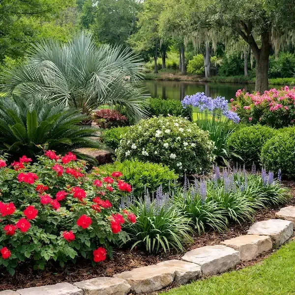 Lush flower garden with red, pink, white, and purple blooms beside a stone border and pond
