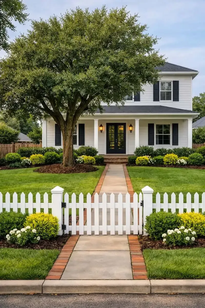 Two-story white house with a front porch, white picket fence, and brick walkway through a green yard.