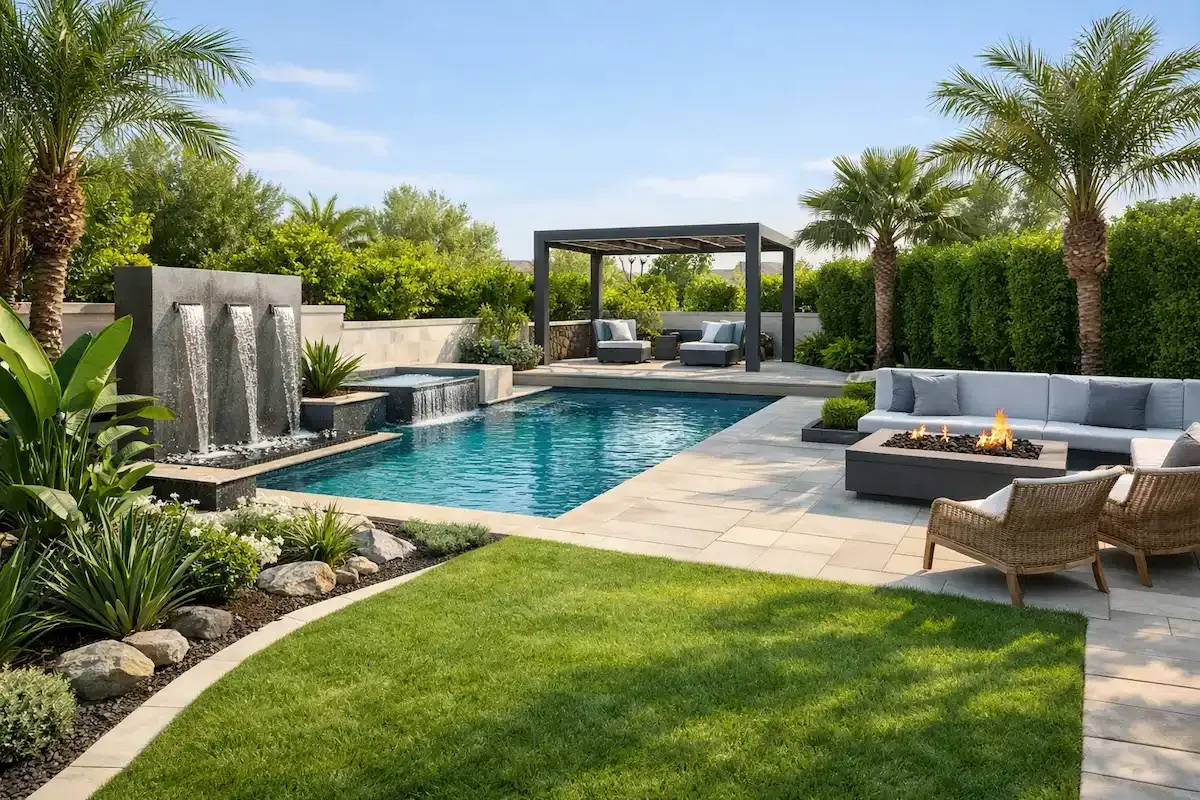Modern backyard patio with a pool, lounge chairs, fire pit, and lush landscaping