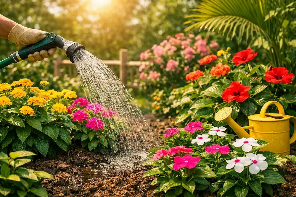 Early morning watering in a South Louisiana Zone 9a garden with lantana, vinca, and hibiscus during June heat.