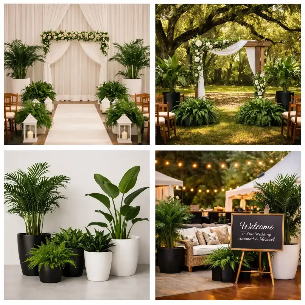 Elegant greenery-decorated event setups with white drapes, potted plants, and warm string lights