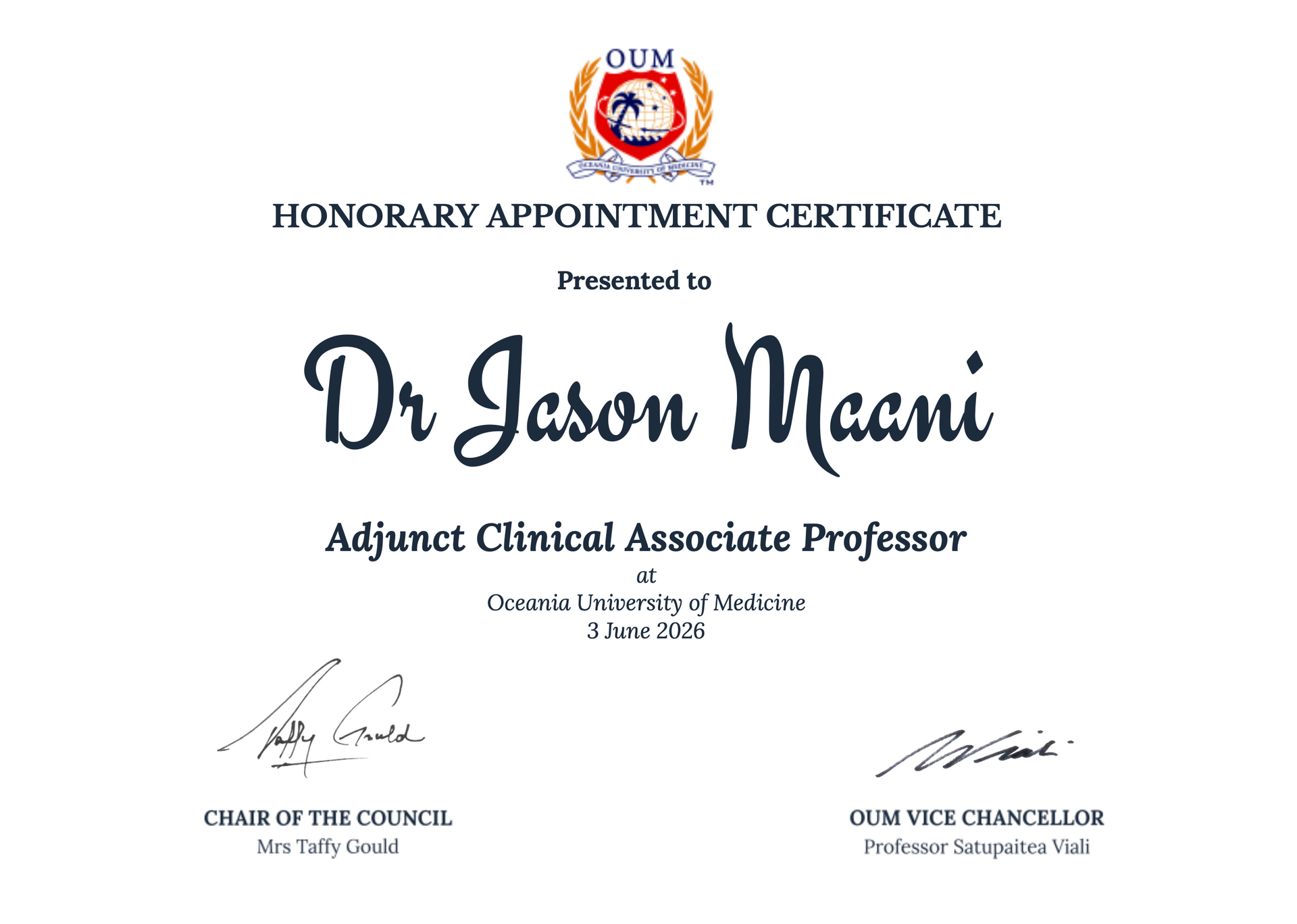 Honorary Appointment Certificate of Dr Jason Maani