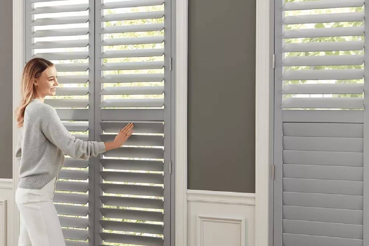 Modern Hunter Douglas French Door Shutters at Rachel Brosky Interiors near Elizabethtown, Kentucky (KY)