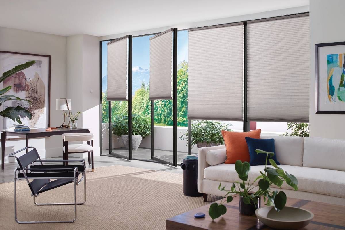Contemporary living room with open windows decorated with Hunter Douglas Duette® Cellular Shades near Elizabethtown, Kentucky (KY)