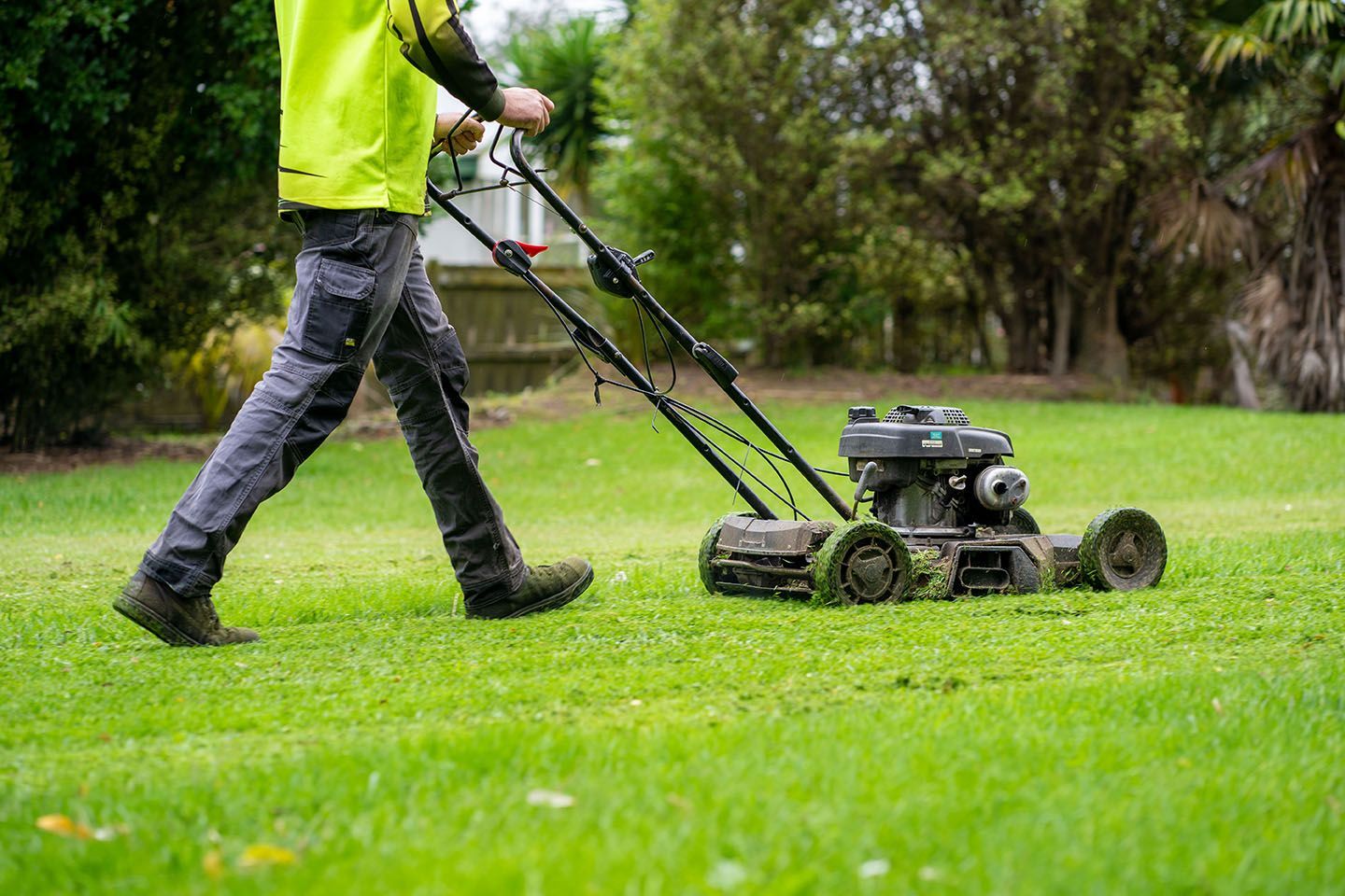 Person mowing a green lawn with a push mower in a park