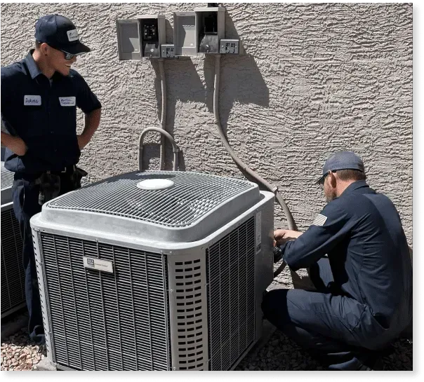Two technicians working on an AC unit outside. One standing, one kneeling, both in navy uniforms.