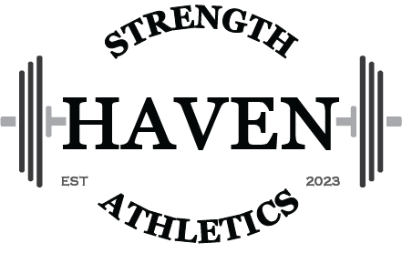 Logo for Strength Haven Athletics: barbell with "HAVEN" in the center, "STRENGTH" above, "ATHLETICS" below, and "EST 2023" flanking.