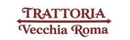 Logo color bordeaux con la scritta “Trattoria Vecchia Roma”, testo stilizzato e linee orizzontali.