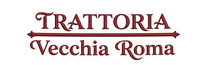 Logo color bordeaux con la scritta “Trattoria Vecchia Roma”, testo stilizzato e linee orizzontali.