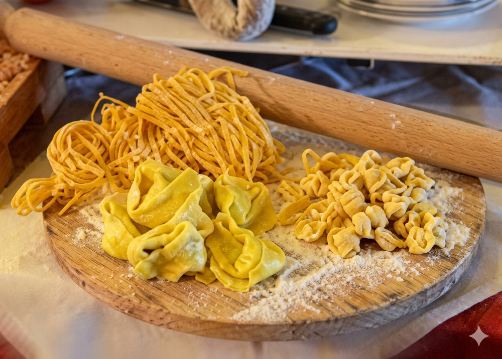 Pasta fresca tagliata, gialla e arancione, su un tagliere di legno infarinato.