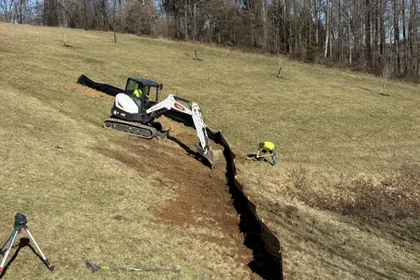 Landscape erosion prevention installation in Spring Grove PA reinforcing soil and improving long term property drainage systems