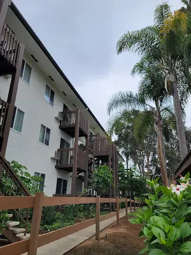 Apartment building with balconies and a wooden walkway beside lush tropical greenery and palm trees