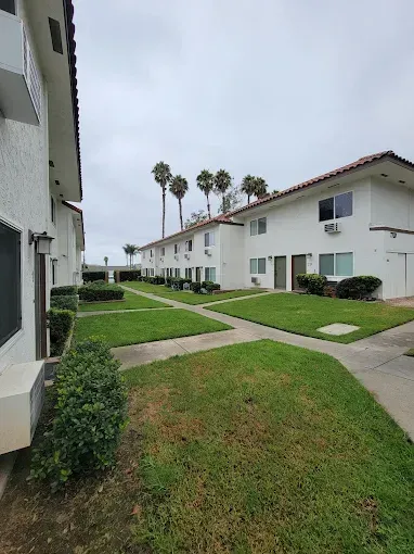 Apartment complex courtyard with white buildings, green lawns, sidewalks, and palm trees under an overcast sky