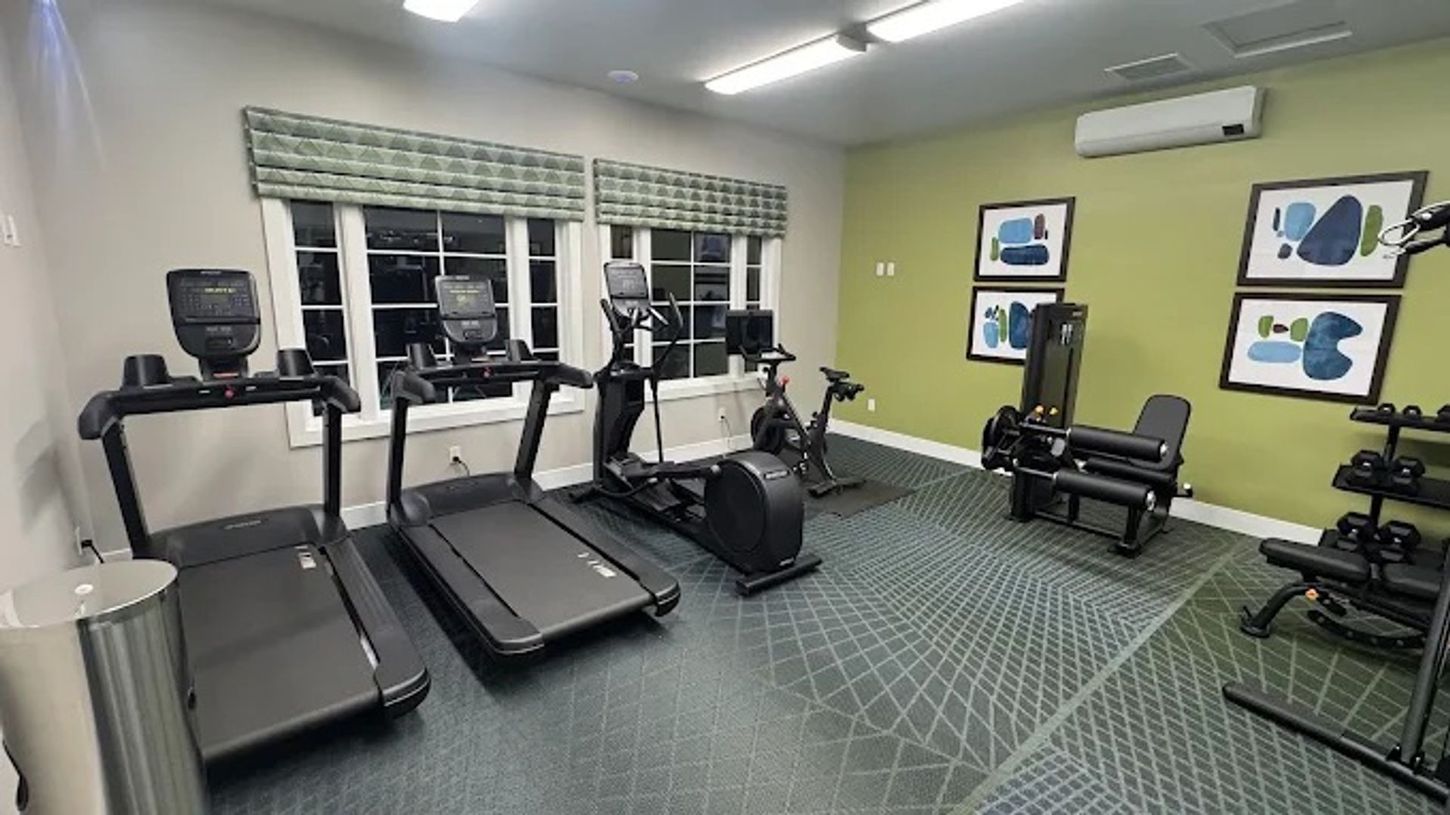 Modern gym room with treadmills, exercise bikes, weights, and wall art on green walls