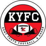 KYFC logo: red, black, and white circular emblem with football, cheer megaphones, and 