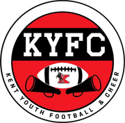 KYFC logo: red, black, and white circular emblem with football, cheer megaphones, and 