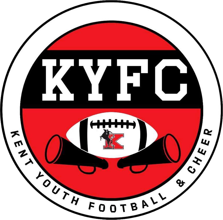KYFC logo: red, black, and white circular emblem with football, cheer megaphones, and 