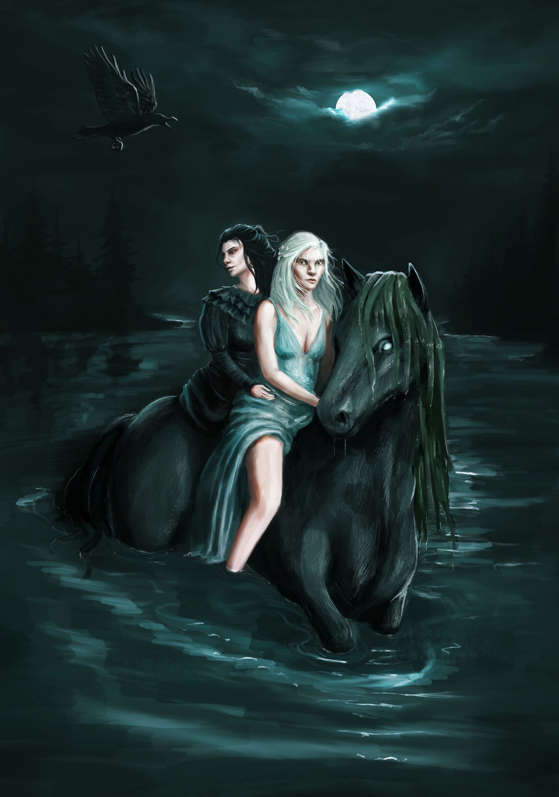 Illustration: Ein Kelpie mit einer Sirene und einer Banshee auf dem Rücken. Der Wassergeist ragt halb aus einem dunklen See. Über eihnen fliegt eine Krähe und am Himmel scheint der Vollmond.