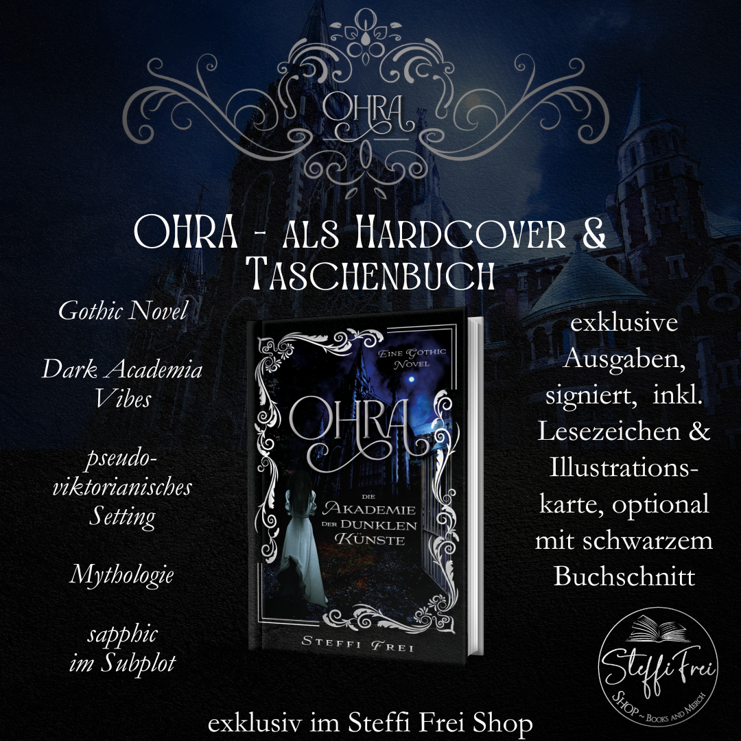 Digitales Bild in Gothic-Design. Überschrift: OHRA - als Hardcover & Taschenbuch. Darunter ein Mock-Up des Buches.