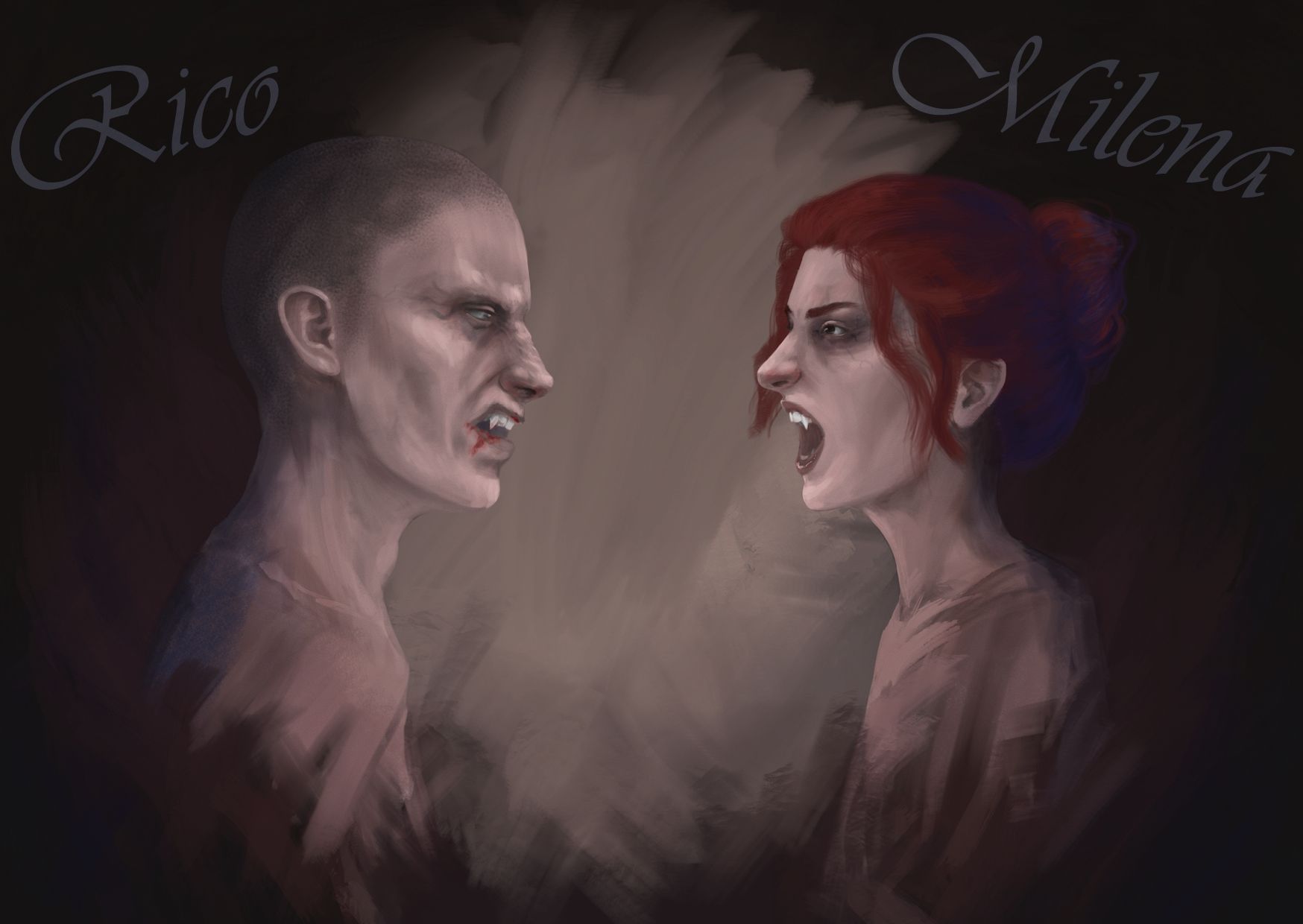 Illustration von einem Vampir und einer Vampirn im Profil, die einander das Gesicht zuwenden. Über ihm steht Rico, über ihr Milena. 