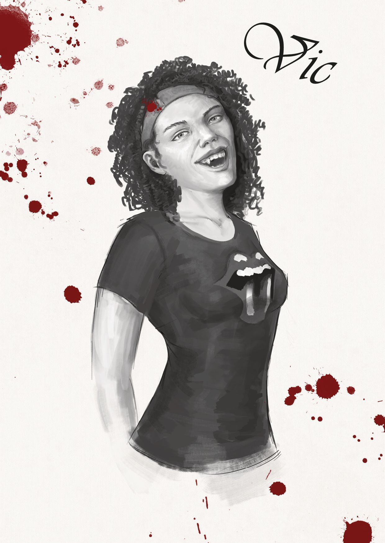 Bleistiftartige Illustration einer Vampirin mit nordafrikanischen Zügen und einem T-Shirt mit Rolling Stones Zunge. Oben rechts steht Vic. Links sind Blutstropfen zu sehen.