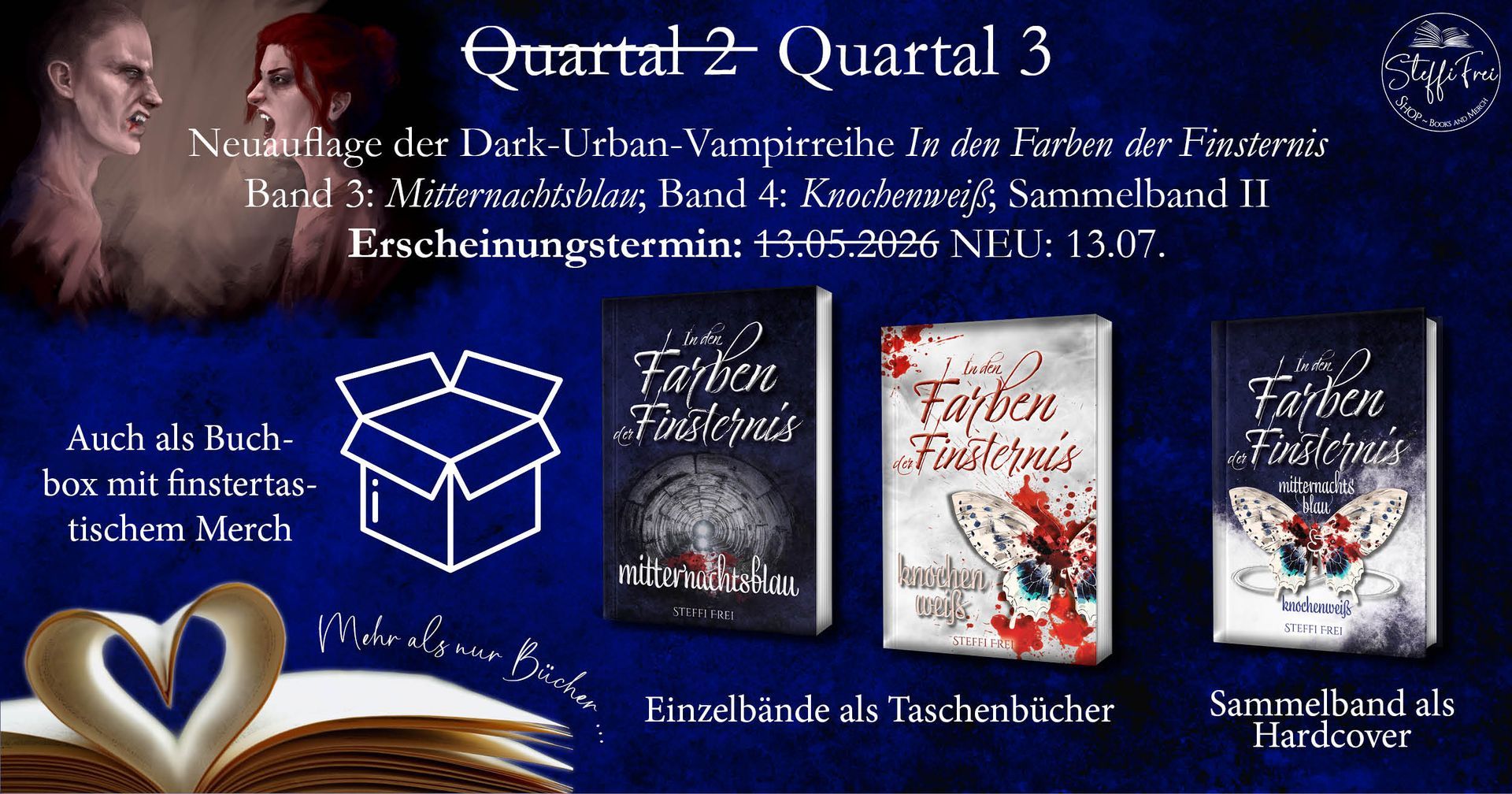 Blauer Hintergund mit Vampirillustration in der linken oberen Ecke. Abgebildet sind außerdem die Mock-Ups der Einzelbände Mitternachtsblau und Knochenweiß sowie des Sammelbandes Mitternachtsblau & Knochenweiß der Reihe In den Farben der Finsternis. Exklusiv im Steffi Frei Shop.