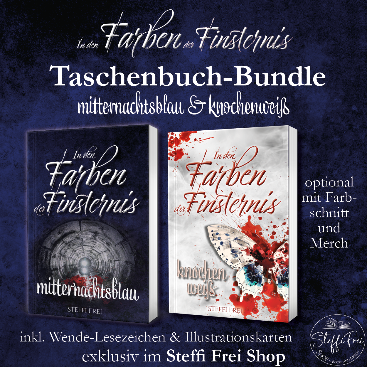 Taschenbuch-Bundle mitternachtsblau & knochenweiß im Steffi Frei Shop (Buch-Mock-Ups auf dunkelblauem Grund)