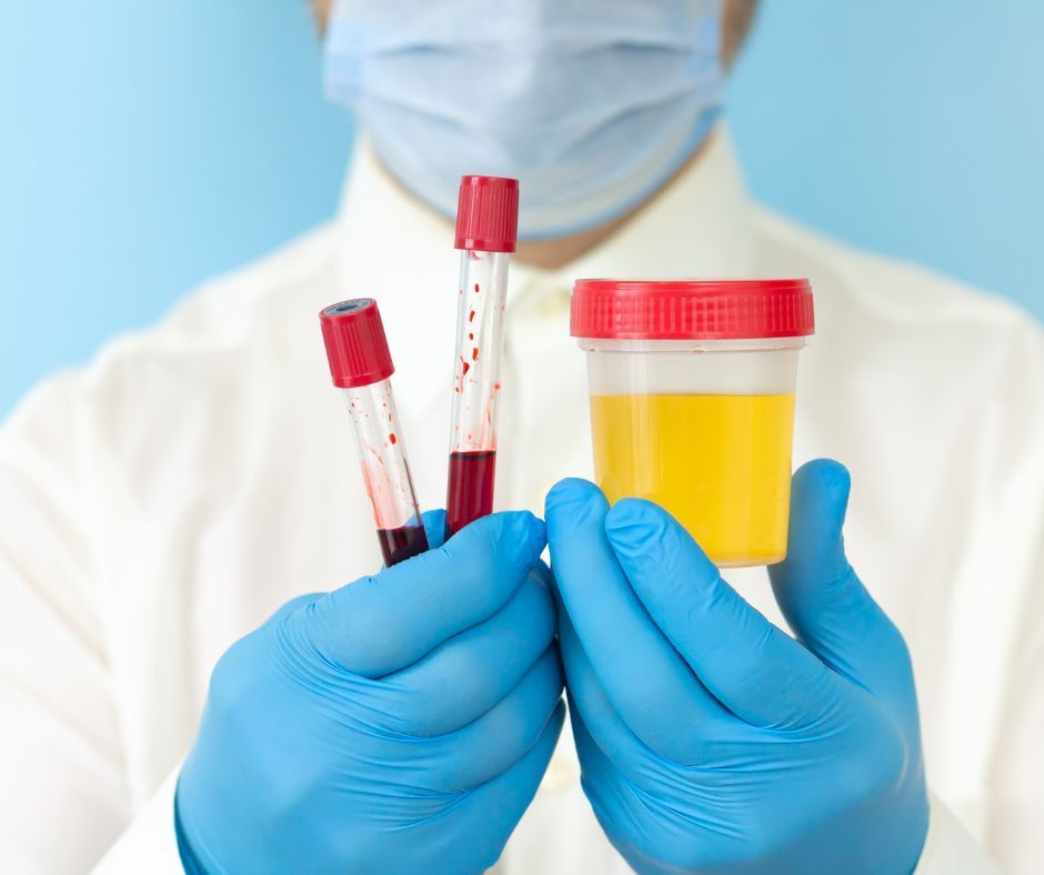 A phlebotomist prepares a patient’s blood and urine sample in a clinic. 