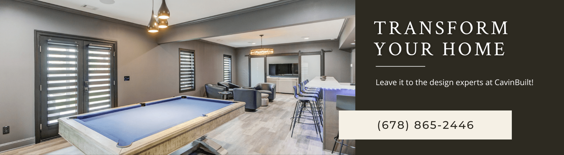 A modern basement features a blue pool table, lounge area, and bar with the text 