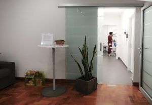 Moderno corridoio di un ufficio con una parete di vetro, una pianta in vaso, un tavolino e persone in lontananza.