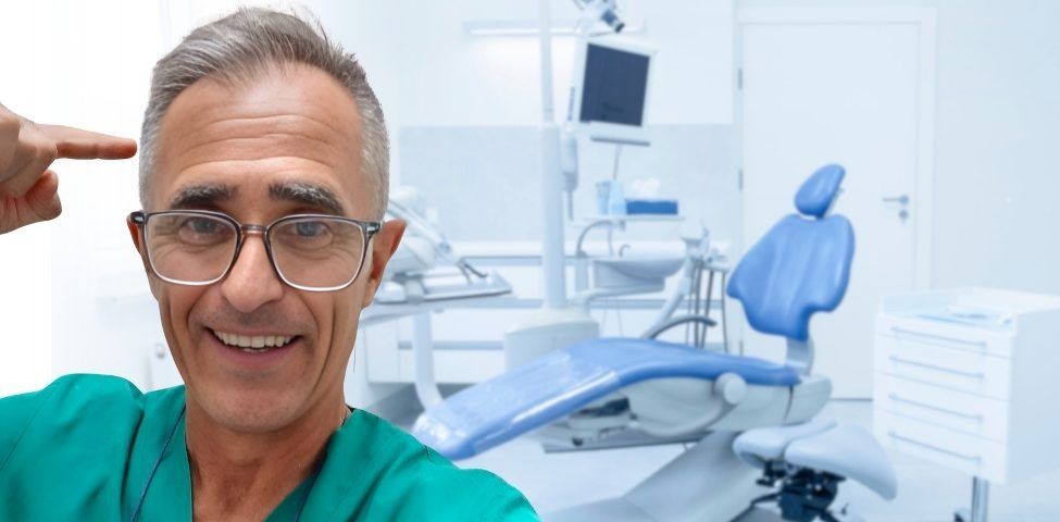 Uomo sorridente con gli occhiali che indica la tempia in una clinica dentistica luminosa con una poltrona blu