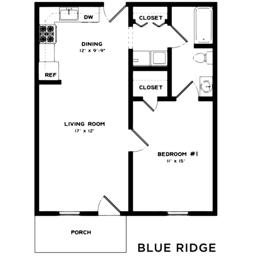 Floor plan of a Blue Ridge apartment, featuring a living room, bedroom, dining area, and porch.