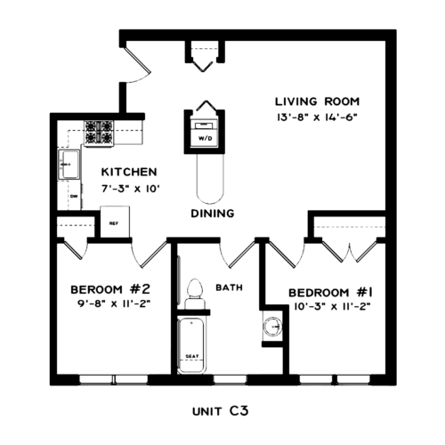 Floor plan of a two-bedroom apartment, labeled with room dimensions.
