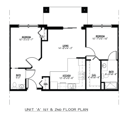 Floor plan of a unit with two bedrooms, living room, kitchen, and two bathrooms, labeled